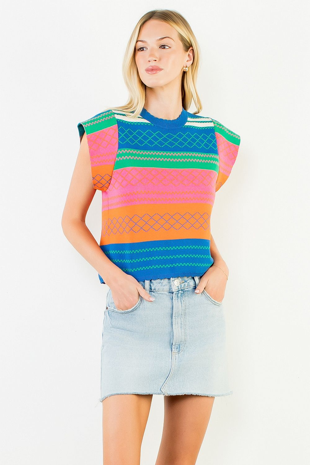 THML Women's Multi Color Knit Striped Flutter Top