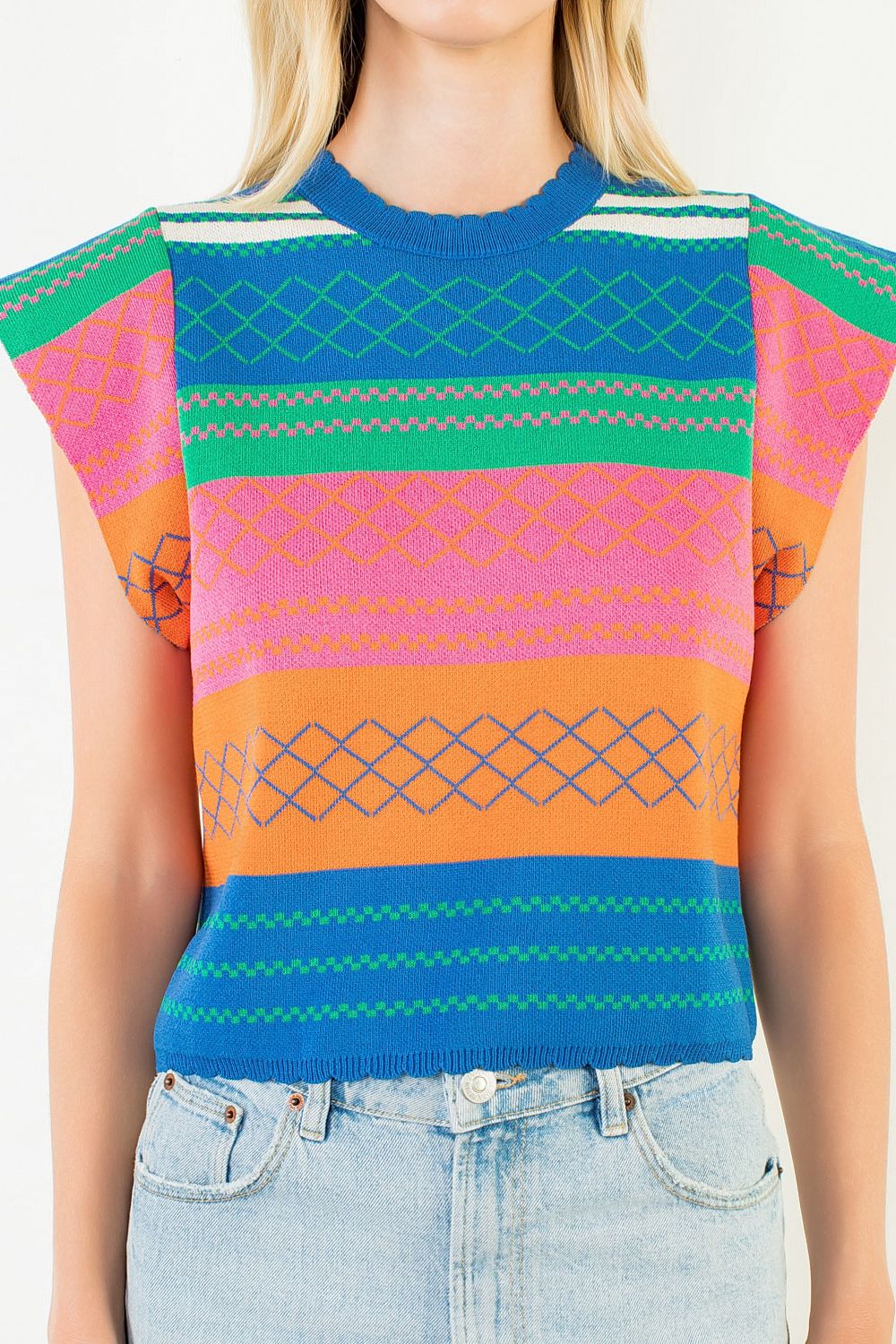 THML Women's Multi Color Knit Striped Flutter Top