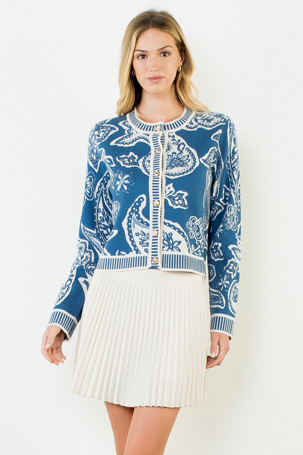 THML Women's Long Sleeve Paisley Print Knit Cardigan - Blue